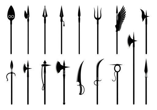 Set of black silhouettes of medieval polearms spears axes and historical weapons