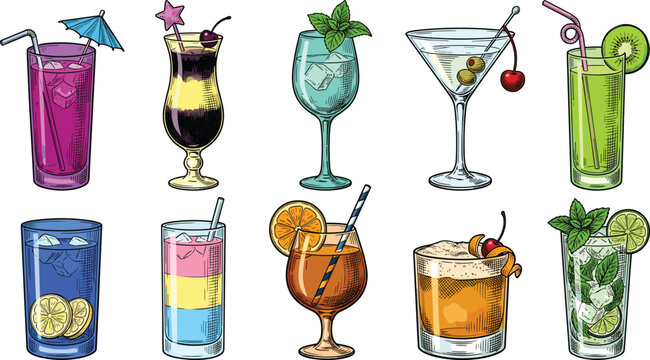Vibrant hand drawn style alcoholic cocktail drinks vector set featuring martini mojito margarita long island iced tea menu illustrations