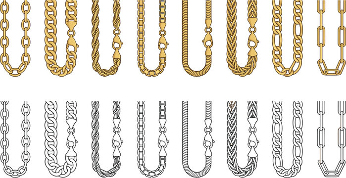 Gold and Silver Metallic Chain Necklace Brush and Pattern Set for Fashion Jewelry Graphic Vector Designs