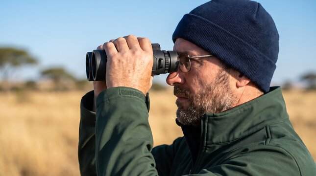 Man with Binoculars Spotting Wildlife on Savannah Safari Adventure