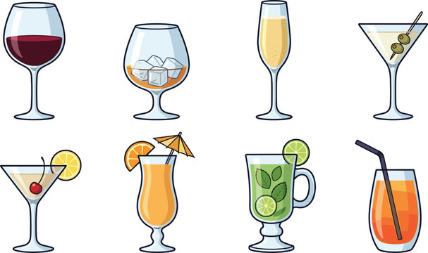 Alcoholic cocktail and wine drinks vector set featuring martini mojito champagne flute whiskey glass and bar menu illustrations