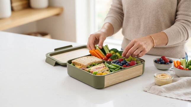 Mother preparing a healthy lunchbox for her child school