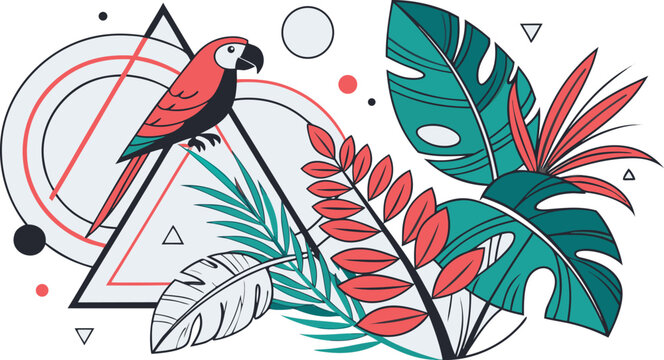 Tropical composition with a colorful parrot perched on a geometric triangle, surrounded by palm leaves and abstract shapes on white background
