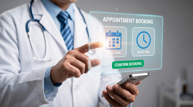 Digital Health Appointment: A doctor uses a smartphone to digitally book an appointment through an interactive interface, showcasing modern healthcare technology and patient convenience.