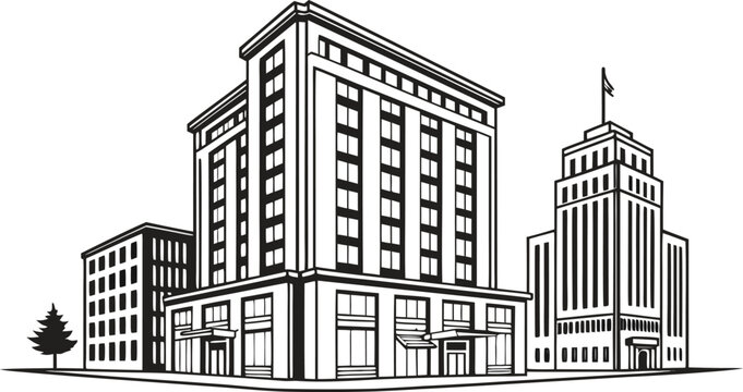 Minimalist line of three city buildings and a small pine tree, featuring architectural structures on a clean white background
