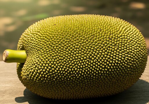 Fresh whole jackfruit with bumpy green and yellow skin resting on a wooden surface