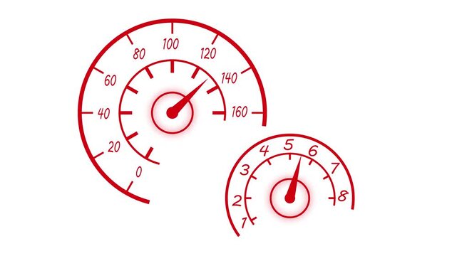 Speedometer and tachometer gauge dials showing motion speed and automotive control animation
