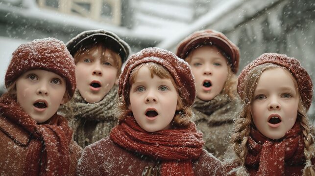 children caroling in winter snow