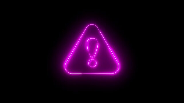 Glowing neon red color warning attention sign icon animation danger risk alert error stop signal emergency hazard problem issue sign symbol on black background