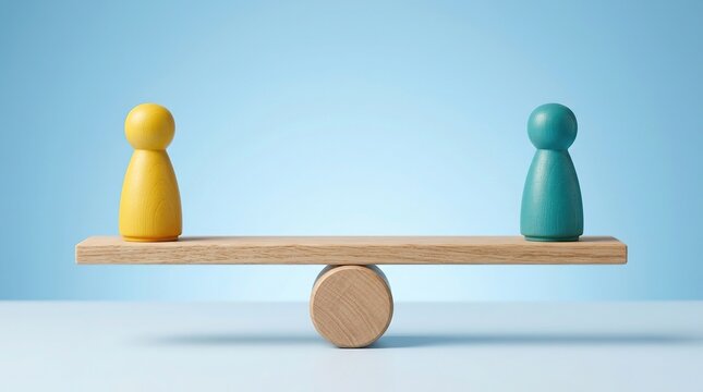 Two wooden pawns representing different people concepts balanced perfectly on wooden plank seesaw showing equality and choice in business or human resources management.