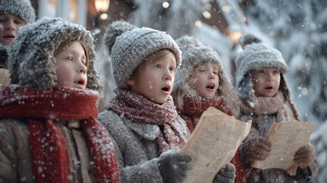 children caroling in winter snow