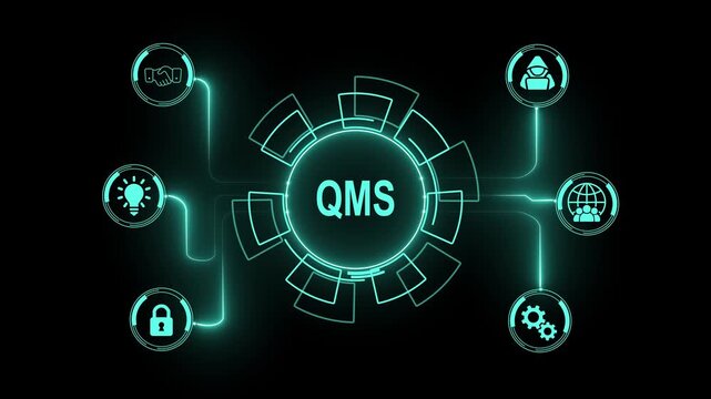 QMS Quality Management System concept with interconnected icons and glowing lines on black background
