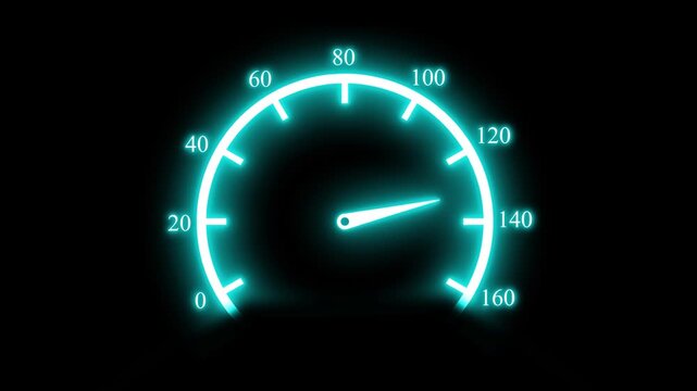 Glowing speedometer gauge on a black background, showing rising speed and motion animation