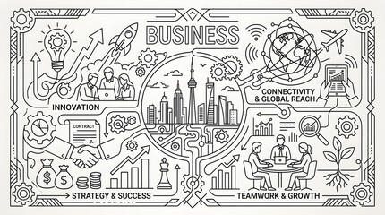 Obraz premium Comprehensive Illustration Depicting Corporate Strategy Innovation Connectivity Teamwork and Global Economic Development Success Factors