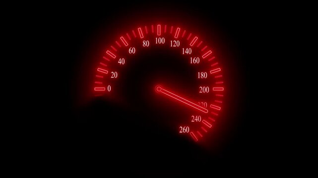 Glowing car speedometer dial with illuminated needle on a black background animation
