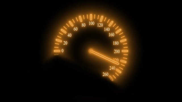 Glowing car speedometer dial with illuminated needle on a black background animation