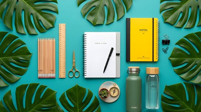 Flat lay of school and office stationery with notebook, pencils, and water bottle on turquoise background with tropical leaves