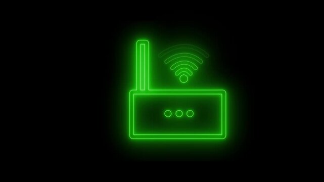 Glowing wifi router icon on a black background with antenna and signal waves animation