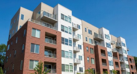 Fototapeta premium Modern Multi-Story Residential Apartment Building with Brick and Siding Exterior under Clear Blue Sky