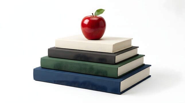 A red apple resting on a stack of four colorful books isolated on white background