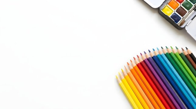 Colorful colored pencils arranged in a fan shape isolated on white background with a watercolor paint set in the corner