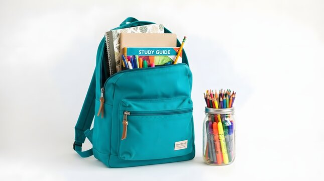 A teal backpack filled with school supplies and a jar of colored pencils isolated on white background