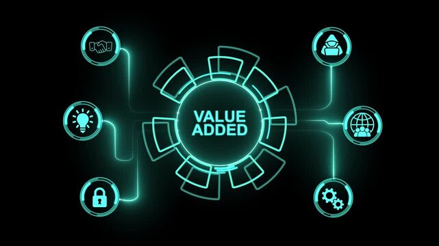 Value Added concept with interconnected icons and glowing lines on black background business growth