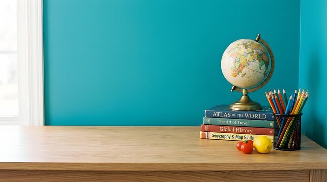 A desk with a globe, a stack of books, a pencil holder, and fruit