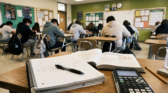 Students taking an exam in a classroom with notebooks and calculators