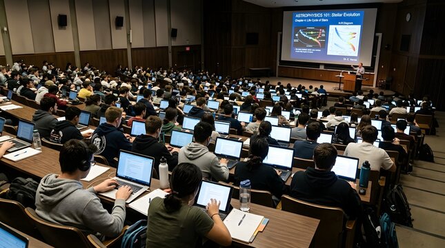 Professor teaching astrophysics to a large university class