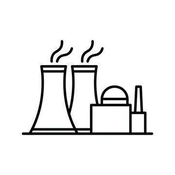 Nuclear power plant icon with cooling towers and reactor building line.