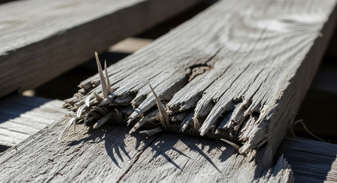 Close-up of weathered wooden pallet with sharp splinters, rough texture