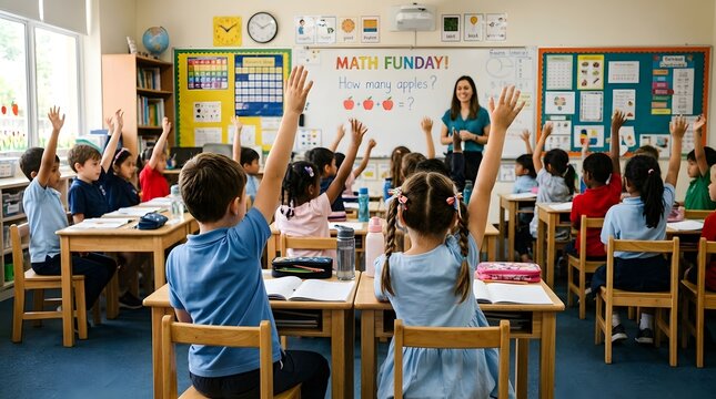 Elementary students raising hands in math class