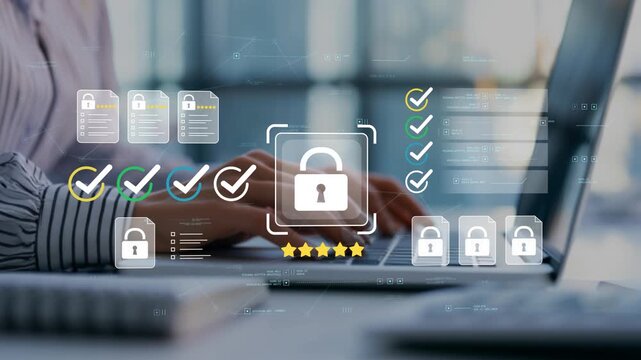 Female business professional managing secure digital documents with animated lock symbol, compliance verification, cybersecurity dashboard and enterprise data protection technology