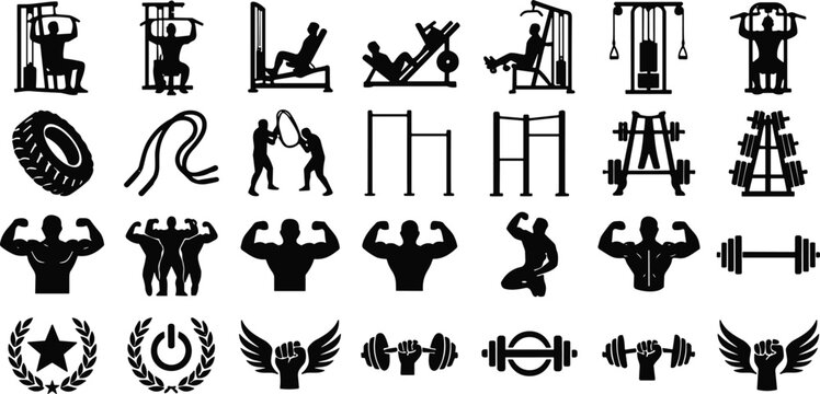 Set of gym, fitness, workout and bodybuilding black vector icons for sports and health design