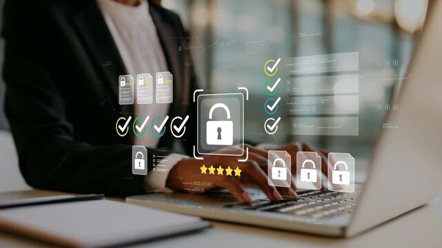 Black businesswoman using laptop with animated cybersecurity lock icon, secure document management, compliance checklist and data protection dashboard illustrating modern enterprise security