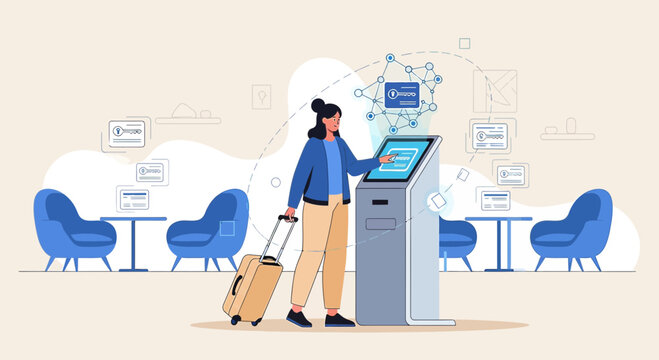Woman using self-service kiosk for travel check-in at airport lounge