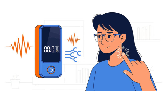 Woman using voice recorder for notes, speech recognition, sound waves visualized