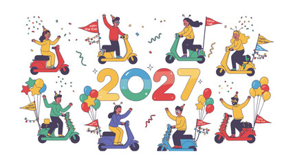 Naklejka premium New Year Scooter Parade 2027: A vibrant and energetic illustration depicts a diverse group of people riding colorful scooters, celebrating the arrival of the year 2027 with confetti, balloons.