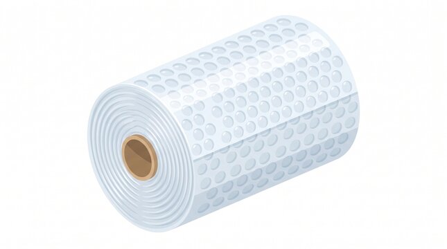 Isometric illustration of a large industrial roll of transparent bubble wrap
