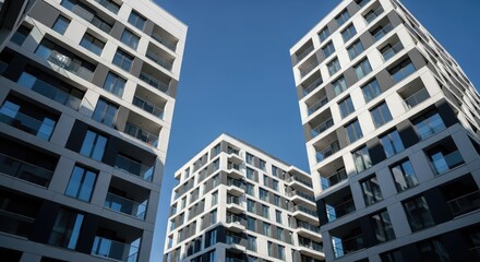 Obraz premium Modern Residential Apartment Buildings Against a Clear Blue Sky in a Contemporary Urban Development