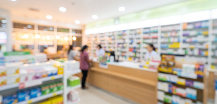 A blurred interior view of a modern pharmacy, showcasing shelves filled with various healthcare products and customers interacting with staff at the counter.