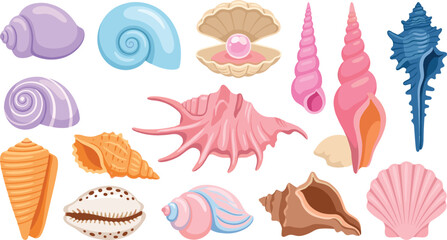 Beautiful ocean sea shell vector collection with open oyster pearl scallop conch and colorful spiral snail shells isolated on white background © MdSaddam