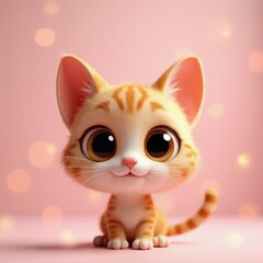 Naklejka na ściany i meble Orange ginger tabby kitten with large eyes sits against soft pink background. Adorable cartoon cat head features whiskers, tiny nose. Friendly feline portrait pastel bokeh lighting. Cute animal