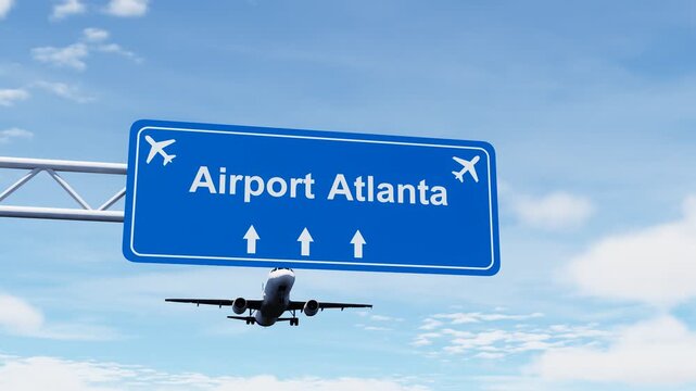 Airport highway sign for Atlanta International Airport with a commercial airplane flying above, ideal for aviation, transportation, travel, and infrastructure concepts. Travel. Atlanta airport.