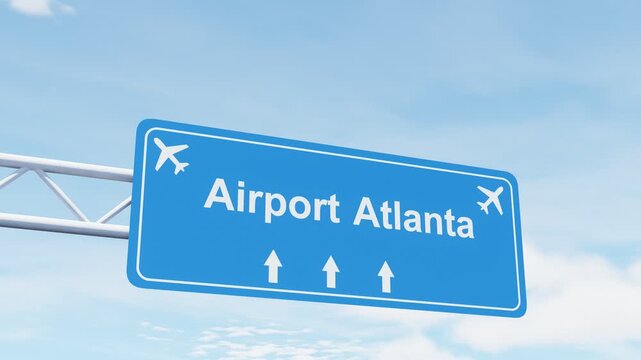 Airport highway sign for Atlanta International Airport with a commercial airplane flying above, ideal for aviation, transportation, travel, and infrastructure concepts. Travel. Atlanta airport.