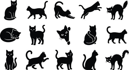 Obraz premium Black cat silhouettes collection diverse poses for halloween design projects