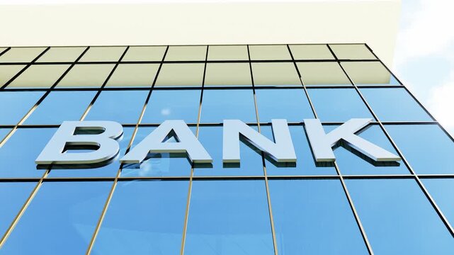 Bank sign on glass building. Modern bank building with a glass facade and prominent bank signage, ideal for finance, banking, corporate business, investment, and financial services concepts.