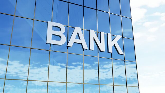 Bank sign on glass building. Modern bank building with a glass facade and prominent bank signage, ideal for finance, banking, corporate business, investment, and financial services concepts.