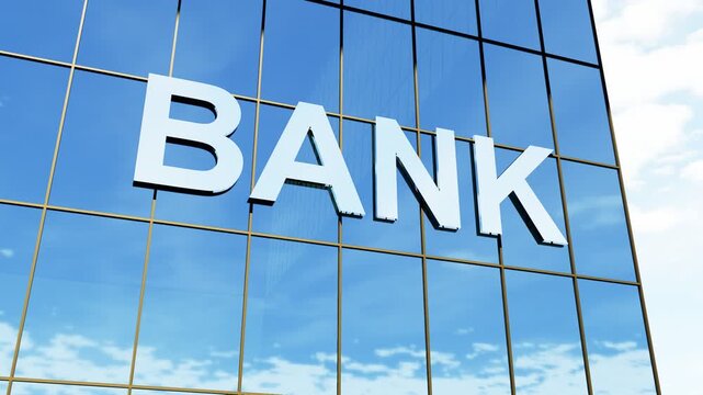 Bank sign on glass building. Modern bank building with a glass facade and prominent bank signage, ideal for finance, banking, corporate business, investment, and financial services concepts.
